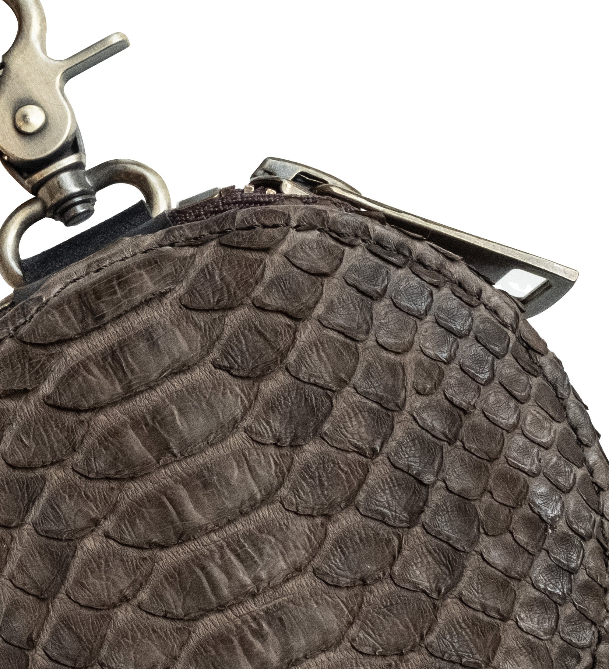 Round Purse with Solid Brass Clasp, Brown Python Leather