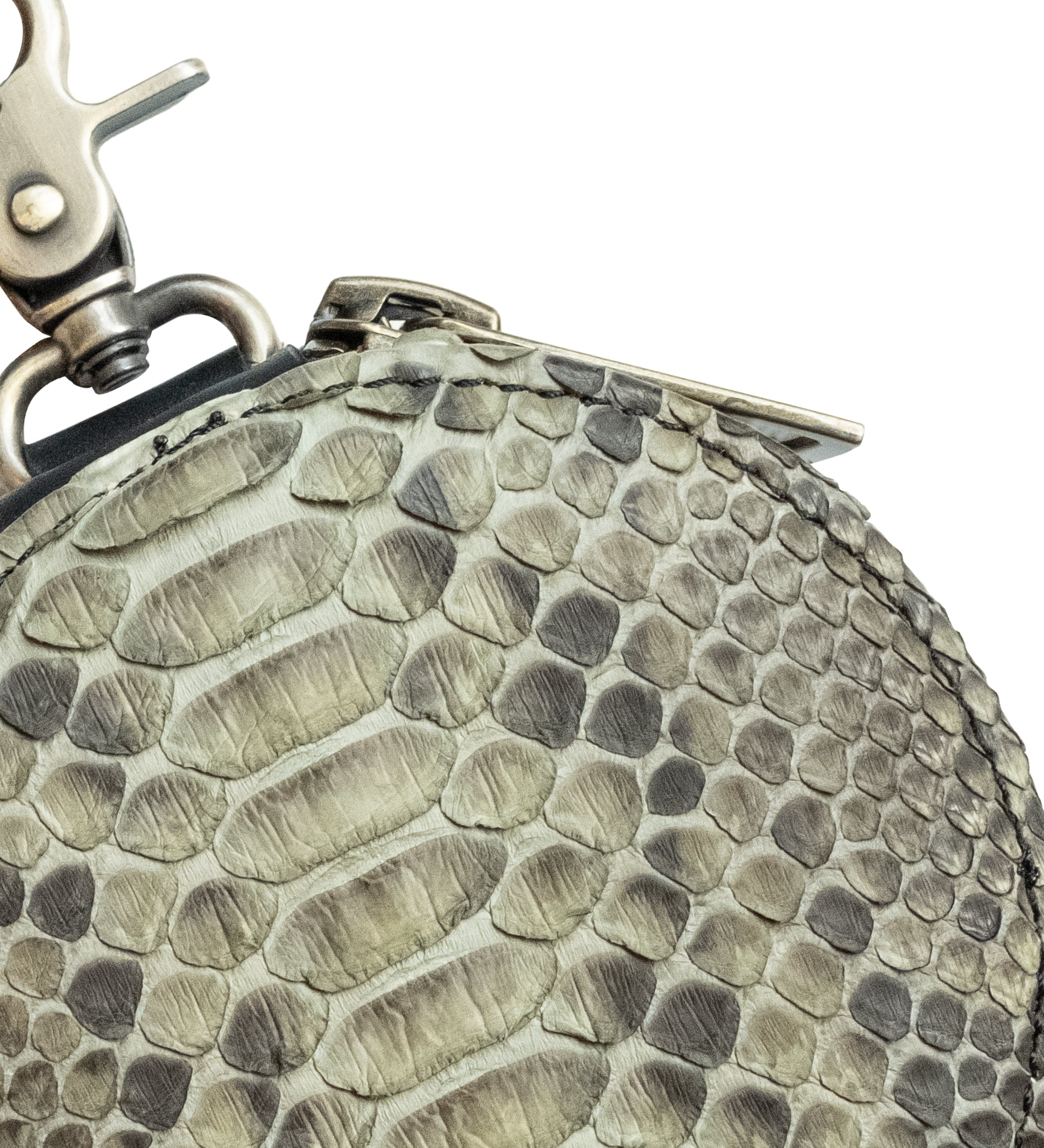 Round Purse with Solid Brass Clasp, Olive Python Leather