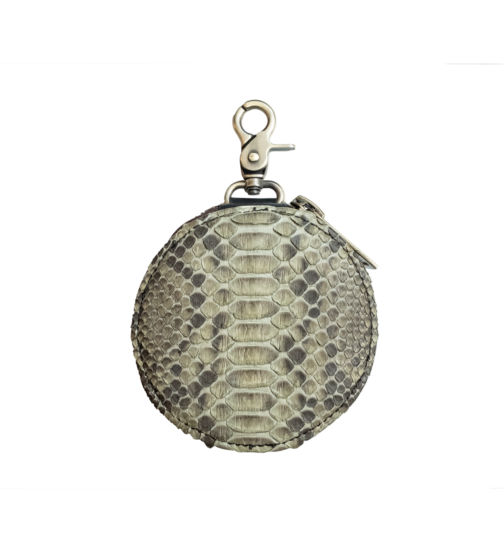 Round Purse with Solid Brass Clasp, Olive Python Leather